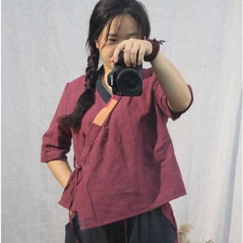 Johnature Retro Patchwork Cotton Linen Lace Up Half Sleeve Shirt 2021 Autumn New Loose Leisure Irregular All-match Women Tops