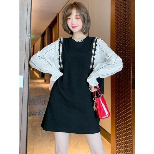 Contrast stitching lace button loose straight dress womens winter new High Quality New Fashion