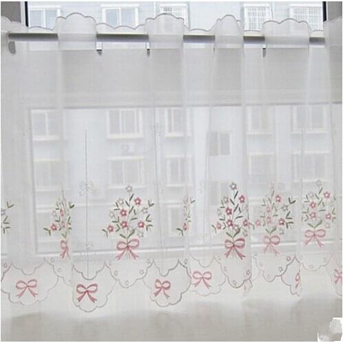 Korean pink bow coffee curtain gauze curtain lace short semi pastoral small floating curtain
