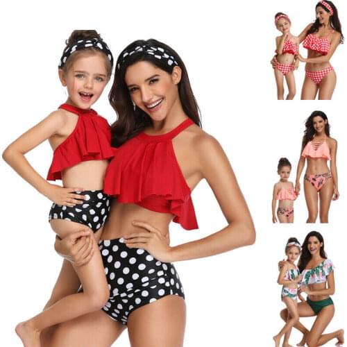Family Womens Girls' Swimwear Sexy Bikini Sets Flowers Dot Print Ruffles Two Piece Beachwear Parent-child Swimsuit
