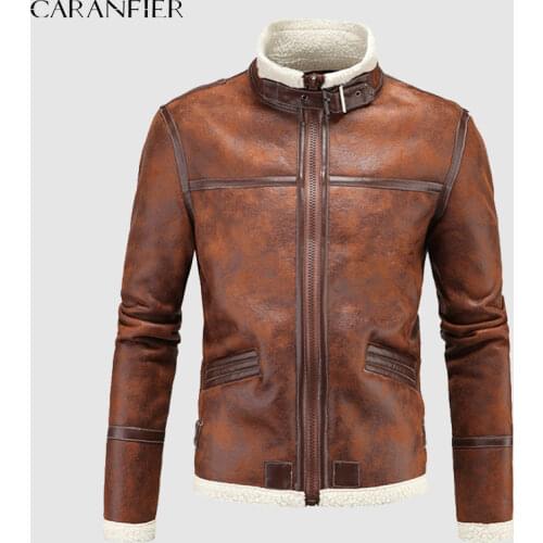 CARANFIER Mens Leather Jackets Winter Thicken Warm Vintage Stand Collar Coats Motorcycle Biker Zipper Windproof Slim Outerwear