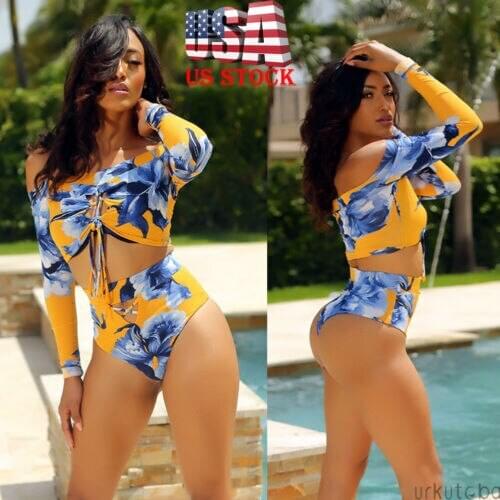 Summer Womens Leaf Printed Swimwear 2PCS Bikini Set Ladies Sexy Push-up Padded Long Sleeve Bra Bathing Suit Swimsuit Beachwear