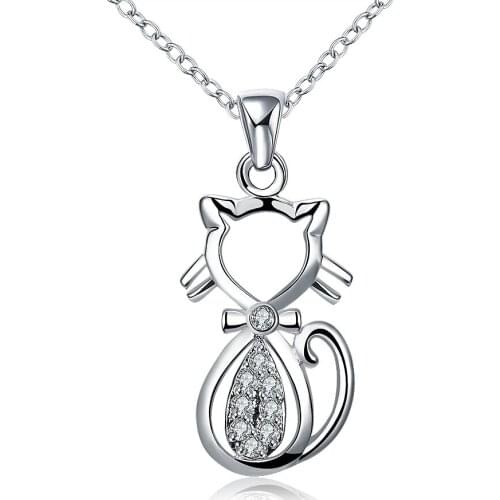 Lureme Sweet Jewelry 925 Silver Cute Cat with Crystal Pendant Necklace for Women (nl004273)