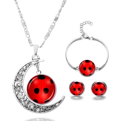 MIQIAO Silver Plated Lady Bug Moon Time Stone Pendant Collar Chain Necklace Bracelet Piercing Earring Jewelry Set for Women Gift