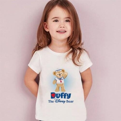 New Summer Disney Bear Duffy Print T Shirt Kids Gifts Cute Clothes Girls O-neck Fashion Tee Tops Kawaii White Children Casual
