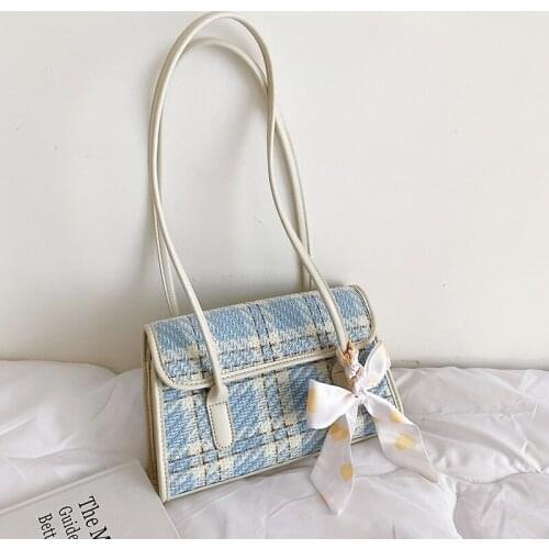 2021 New Trendy Fashion Shoulder Bag Popular Underarm Baguette Handbags Blue Plaid Scarf Bow Woolen Cloth Flap Small Bag
