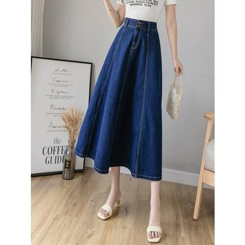 Autumn New Arrivals A-Line Basic Denim Skirt High Waist 2020 Double Buttons Elegant Long Womens Skirt In Stock Dropshipping