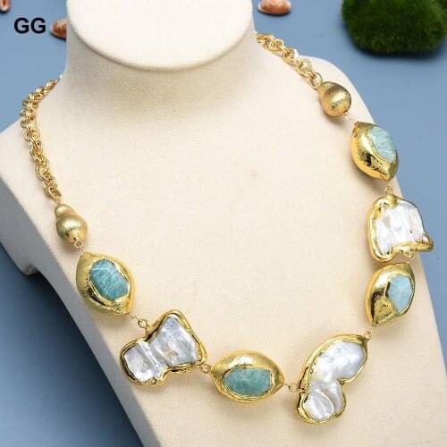 GG Jewelry Natural White Keshi Baroque Pearl Freedom Shape Gold Plated Green Amazonite Nugget Chain Necklace Handmade For Women