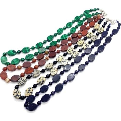 Natural Stone Necklace Oval Black Agate Malachite Topaz Polished Fashion Handmade Beaded Necklace Jewelry Pendant Accessories