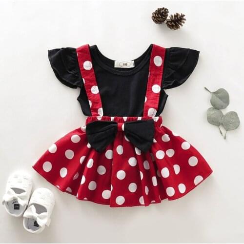 Baby Girl Dresses Bow Infant Princess Dresses Toddler Solid Flutter-sleeve Top and Polka Dots Overall Set Baby Girl Clothes