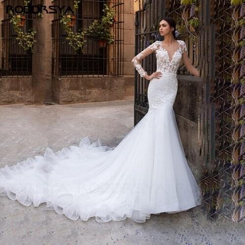 RODDRSYA Elegant Mermaid Wedding Dresses 2021 Long Sleeve Sexy Illusion Neck Appliques Lace Count Train Bride Wedding Gowns