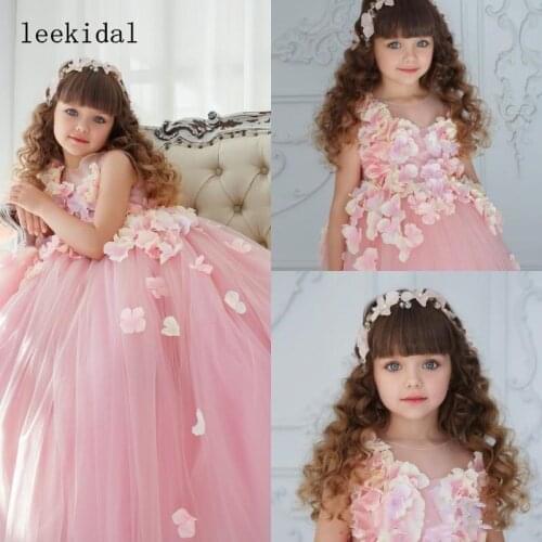 Pink Flower Girl Dresses For Wedding Applique Sleeveless Girls 3D Floral Applique Party Wears Floor Length Pageant Ball Gowns
