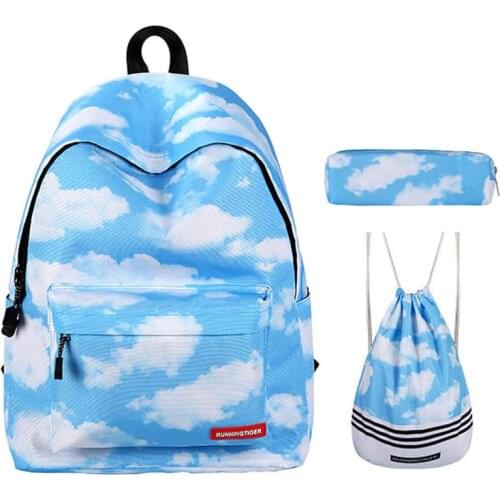 White Clouds Printing Backpack Cute Teen Girls Backpacks Set 3 Pcs School Bookbags with Shoulder Drawstring Bags and Pen Case