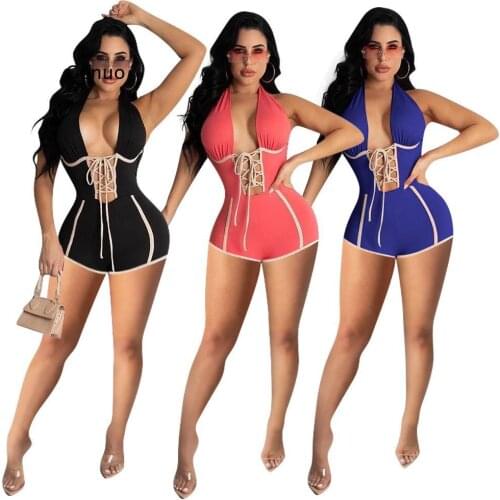 Sexy Cut Out Lace Up Halter Bodycon Rompers Womens Jumpsuit Shorts Women Clothing Summer Outfits