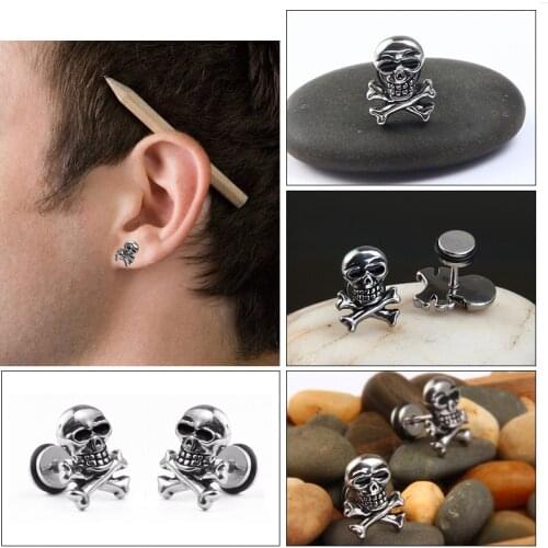 SexeMara 1pc Stylish Pirate Skull Earring Ear Plug Titanium Stainless Steel Rock Hiphop Style Ear Men/Women Pierced Stud Earring