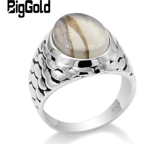 Turkey 925 Sterling Silver Men Ring with Oval Natural Agate Stone Rings Fish Scale Carving Design for Men Women Jewelry Gift