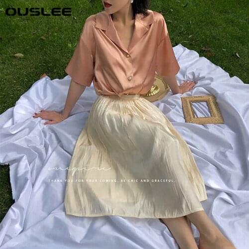 Ouslee Women Spring Summer High Waisted A-Line Elegant Skirt Midi Solid Color Skirt New Korean Style Office Lady Satin Long Skir