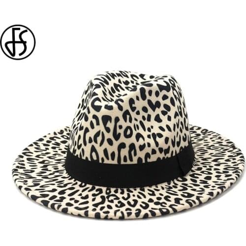 FS Beige Flat Brim Wool Felt Jazz Fedora Hats Men Women Leopard Ribbon Band Decor Trilby Panama Formal Hat Autumn Winter Cap
