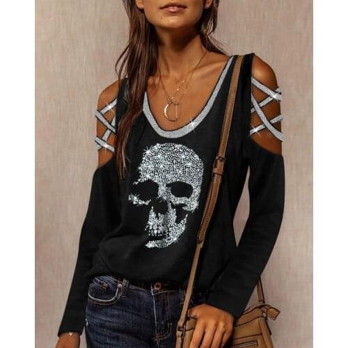 2021 Spring Off-shoulder Long-sleeved Shirt Feminine Round Neck Printed Sequined Shirt Top Fashion Personality Hollow Casual Top