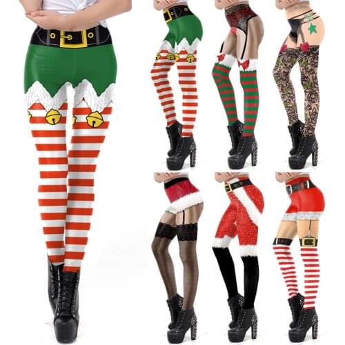 Women Xmas Christmas Leggings Stretch Hight Waist striped bow Lace bells belt 3D printing Pants Sports Trousers