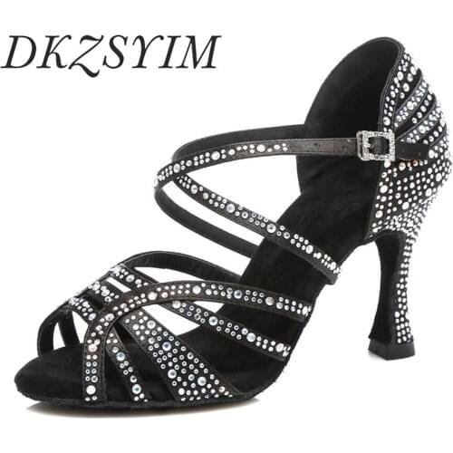 DKZSYIM Womens Latin Dance Shoes Satin Black Latin Sandals Rhinestone Style Shining Salsa Dance Shoes Heel Height 6-10CM