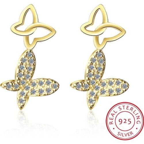 925 Sterling Silver Gold Butterfly Cute Stud Earring with Zirconia Stone for Women Fine Jewelry 2020 New Korean Earring