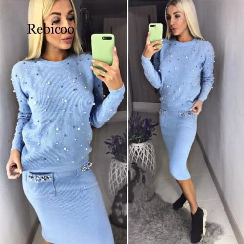 Women Two Piece Warm Set O-Neck Pearl Beading Knitted Pullover Pencil Skirt Women Elegant 2 Piece Suits