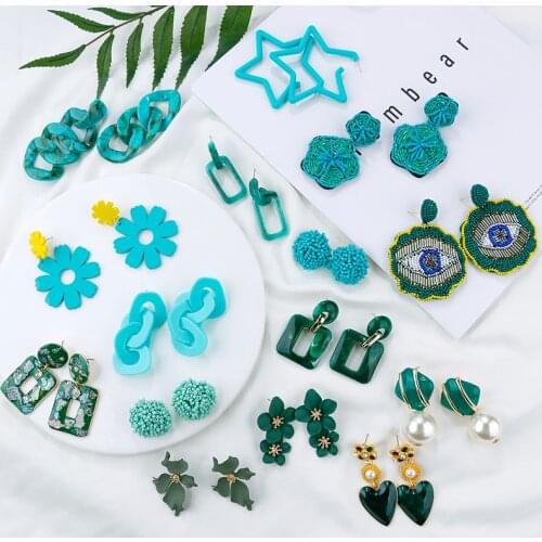 AENSOA 2021 Korean Summer Green Blue Irregular Hollow Geometric Acrylic Drop Earrings for Summer Wedding Jewelry Pendientes