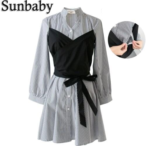 Summer Korean High Fashion Casual Unique Design Nursing dress Striped with sashes long sleeve breastfeeding dress