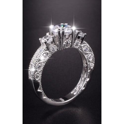 Vintage Round Three-stone Simulated Diamond ring Classic 925 sterling silver Wedding Rings for Women jewelry Size 5/6/7/8/9/10