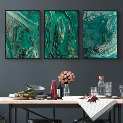 Fluid painting Dark Green and Golden Modern Poster Canvas Print Painting Wall Art Living Room Home Decoration