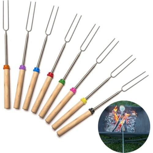 1Pc Stainless Steel Barbecue Fork Explosion-proof Telescopic with Wooden Handle Easy to Carry & Use PM0473