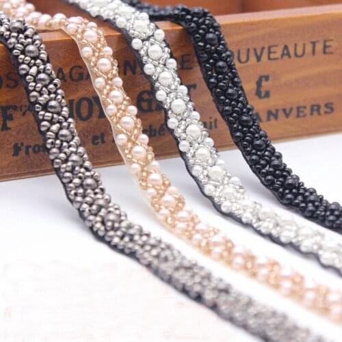 1Yard Black White Champagne Sewing Costume Dress Supplies Craft Nylon Gold Pearl Beads Embroidered Lace Trim Ribbon DIY Material