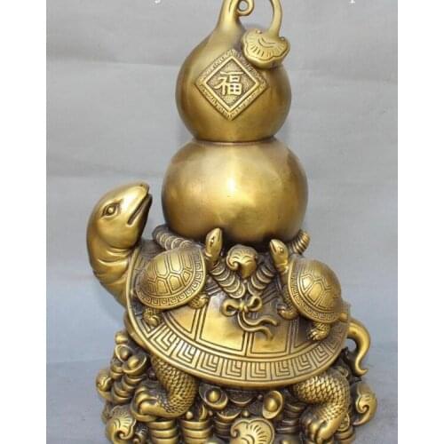 14"Chinese Bronze Wealth Money Turtle Tortoise Calabash Cucurbit Ruyi Fu Statue