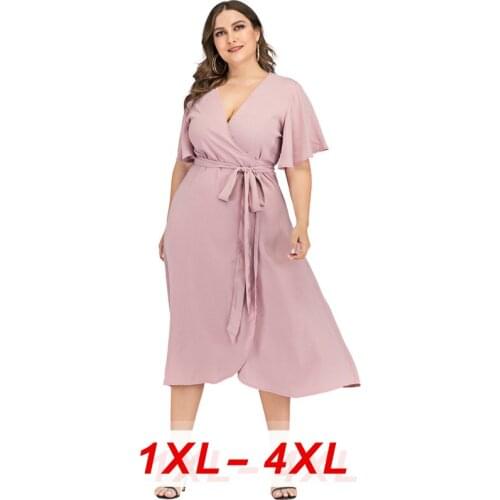 2020 Plus Size Midi Dress for Women Large Short Sleeve Loose Casual Solid Deep V Neck Sexy Dresses Asymmetrical Wrap Dress