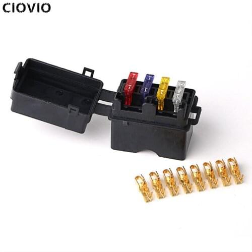 CIOVIO 5 Sets 4 Way Black Car Medium Relay Fuse Box Assembly with 8pcs Terminals Car Insurance Holder