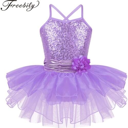 Kids Girls Spaghetti Straps Ballet Tutu Dress Sequins Flower Ballet Leotards Children Gymnastics Leotard Stage Dance Costumes