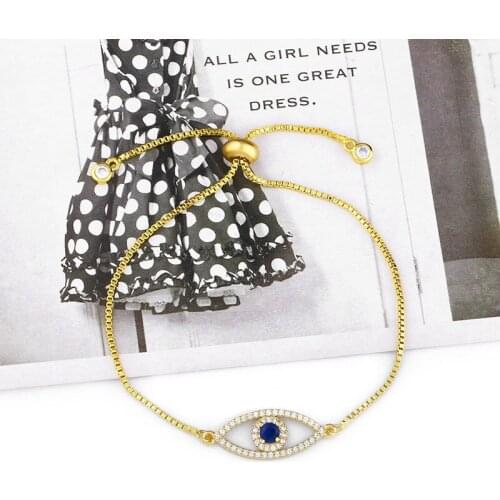 Stylish Simple Style Bling White CZ Pave Color Zirconium Evil Eye Gold Charms Adjustable Link Braclet For Women Dainty Gift2021