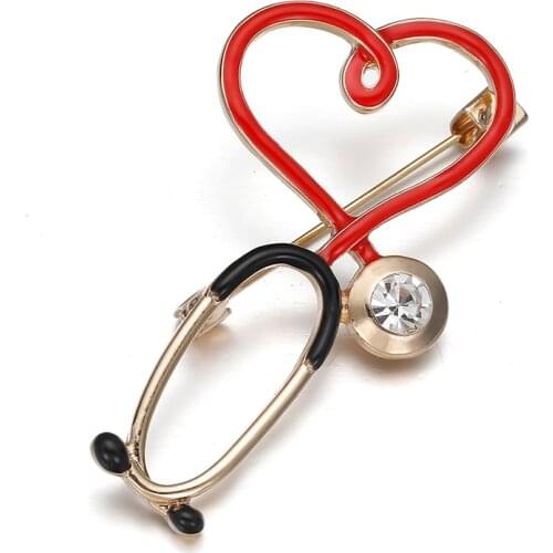 Love Heart Stethoscope Shape Brooches For Women Men Doctor Shiny Crystal Enamel Pins Nusr Medical Brooch Collar Clip Badge Pins
