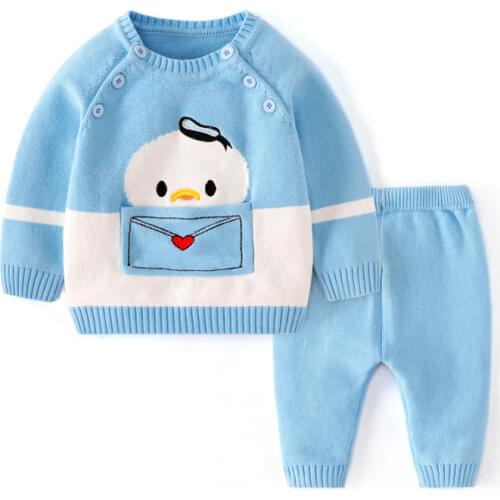 Infant Cotton Suit 2021 Autumn Winter New Cartoon Baby Boy Sweater Two-piece Knitting Lattice For Baby Girl Outing Set 0-4 Year
