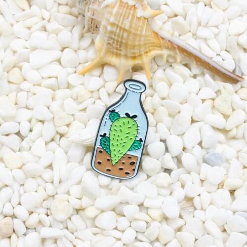 Cactus planted in glass wine bottle Enamel Brooches Creative potted plants Lapel Pins Backpack Jackets Badge