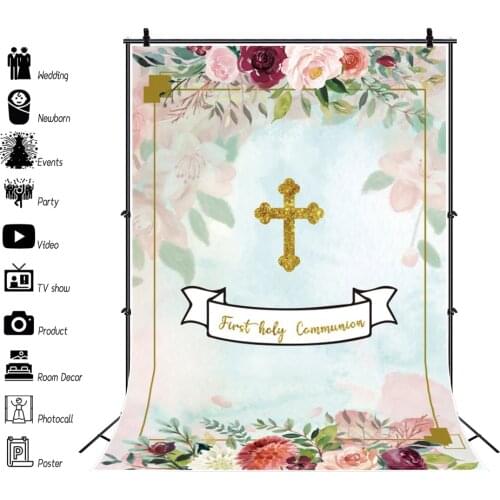 Laeacco Pink Flowers Watercolor Gold Cross My First Communication Baptism Customzied Banner Photo Background Photo Backdrops