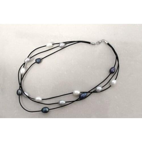Perfect Multistrand Black Leather White Black Grey Color Freshwater Pearl Necklace