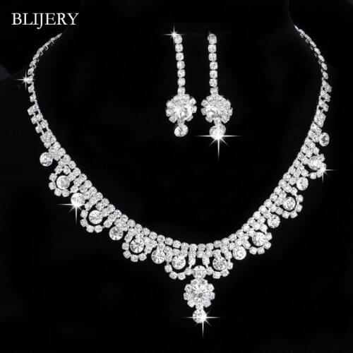 BLIJERY Fashion Rhinestone Crystal Choker Necklace Earrings Set Silver Color Flower Wedding Bridesmaid Bridal Jewelry Sets