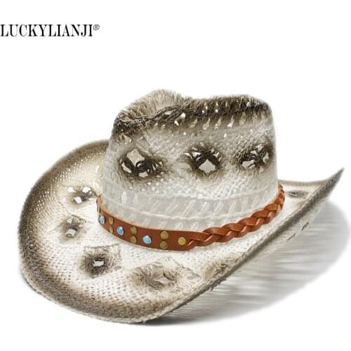 LUCKYLIANJI Womens Mens Unisexs Vintage Wide Brim Straw Sun Beach Western Cowboy Hat Turquoise Braid Leather Band (58cm)