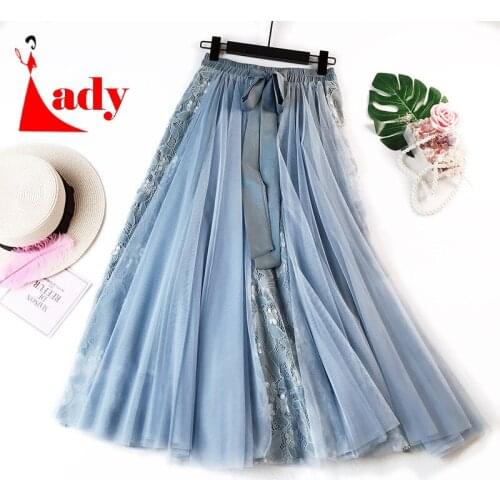 Fashion Tutu Tulle Skirt Women Long Maxi Skirt Korean Cute Bow High Waist Pleated Skirt Female School Sun Spodnica
