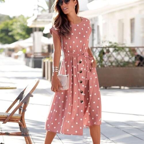 Fashion O-neck Short Sleeve Polka Dot Midi Dress Women 2021 Summer Casual Office Vintage Pink Laidy Dresses For Woman Robe Femme