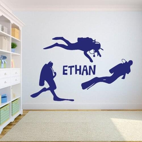 Scuba Diving Wall Decal Diver Silhouette Vinyl Sticker Personalised Custom Name Teens Bedroom Bathroom Home Decor Wallpaper Q747