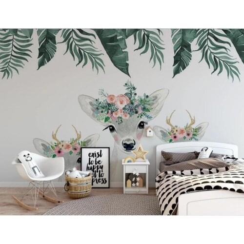 Customized large-scale 3D mural wallpaper Nordic style hand-painted watercolor deer flowers plants childrens room background