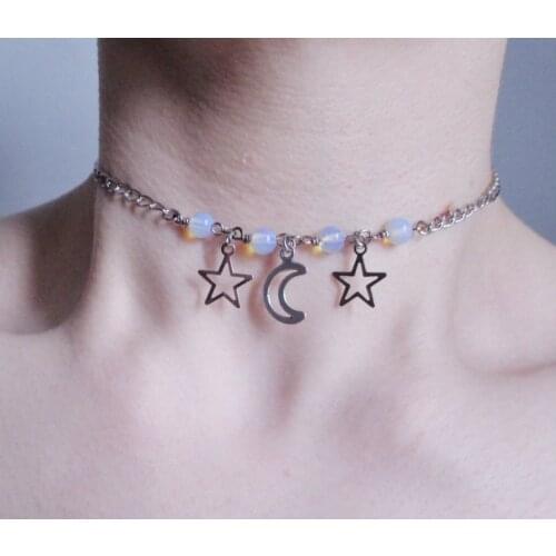 Opal Moon and Star Necklace / Pastel Gothic Necklace / Kawaii Necklace / Boho Necklace